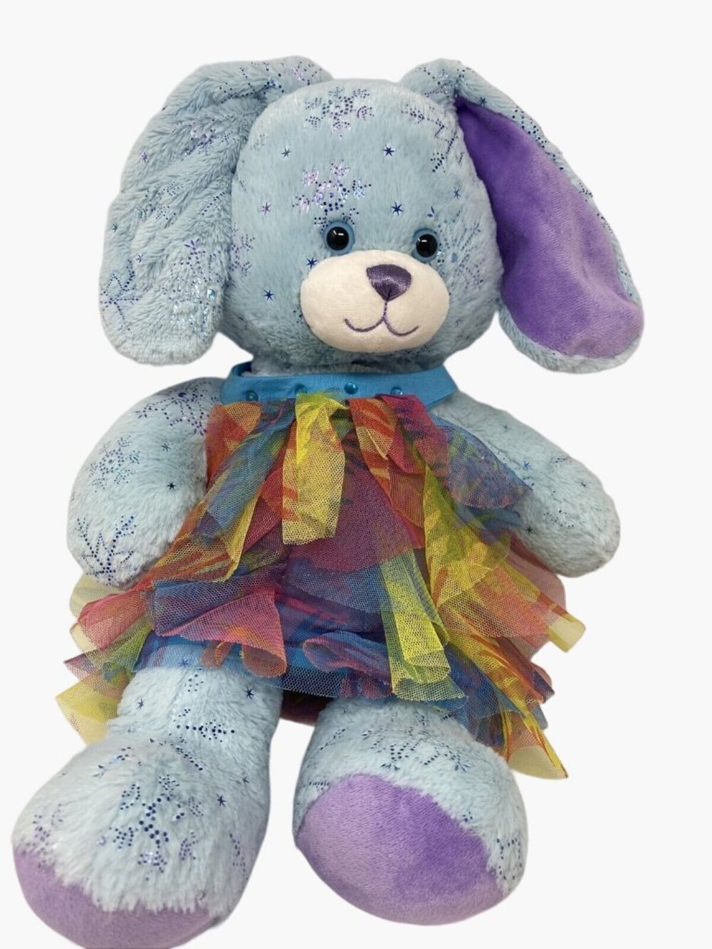 Build a Bear Blue Bunny Plush 16" With Snowflake Sparkle  fur and rainbow  Dress